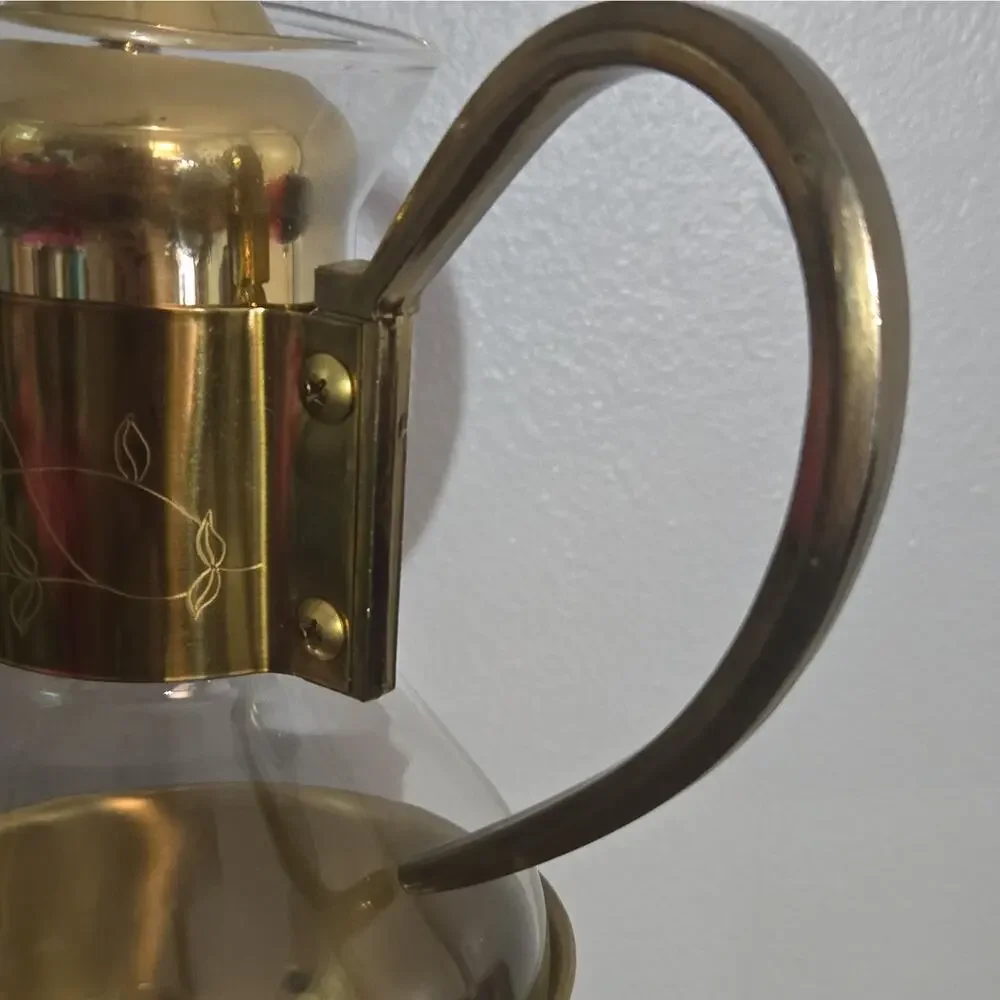 VTG Princess House Heritage Brass Glass Coffee Tea Carafe Pitcher Warmer 447 Set